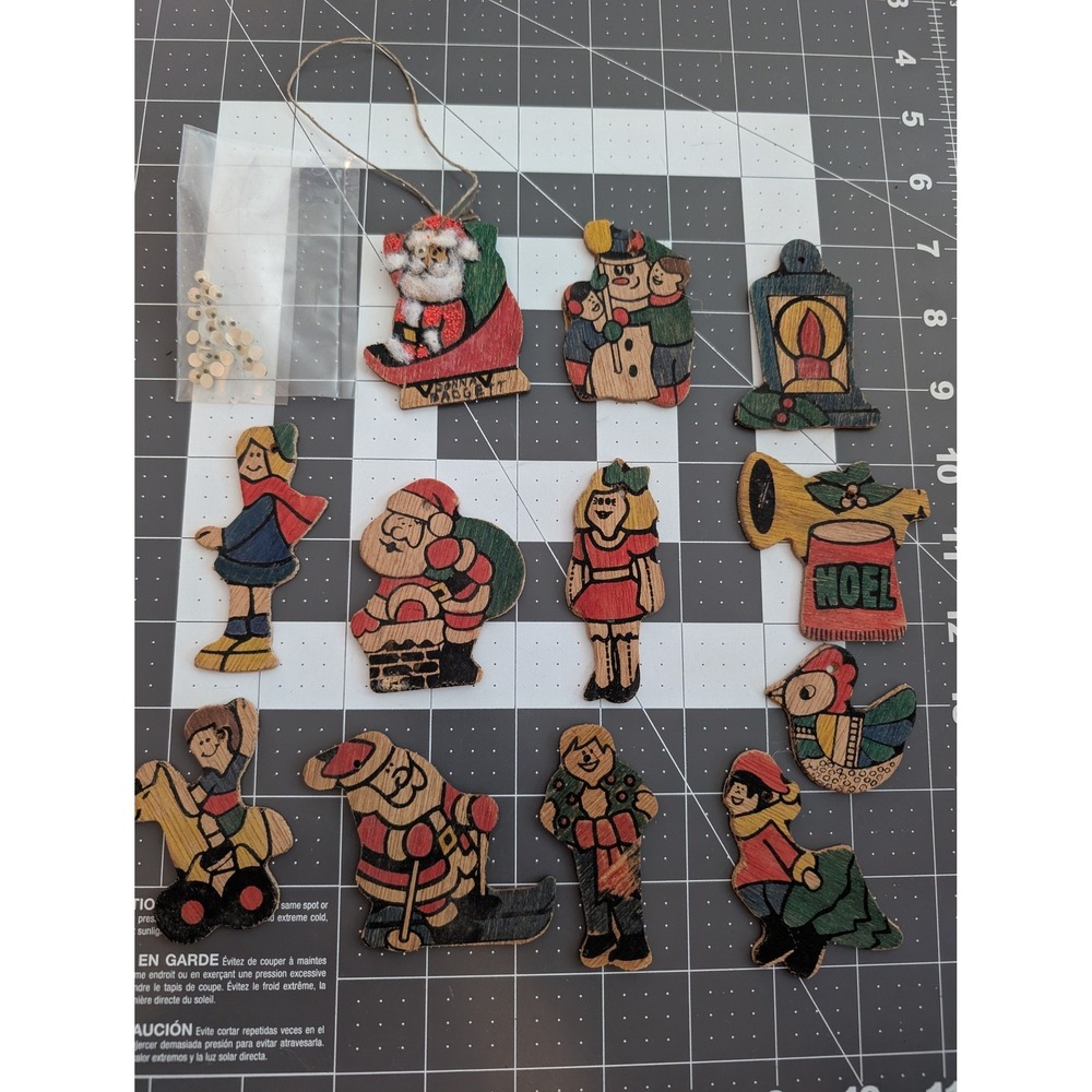 Die Cut Flat Wooden Christmas Lot 12 Ornaments Hand painted w/ googly eyes vtg